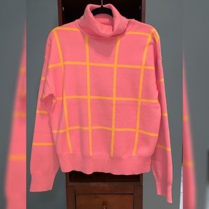 Bright pink/coral and yellow turtleneck sweater